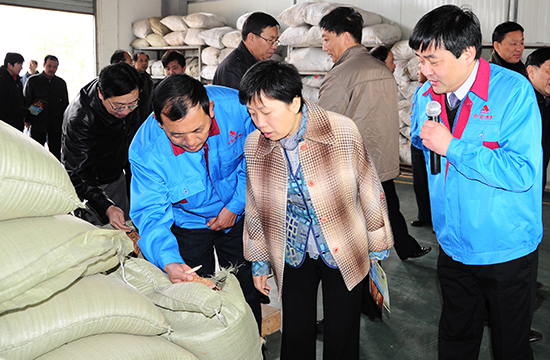 副市长叶平在安徽老家酒业粮库，查看酿酒用的大米原料。